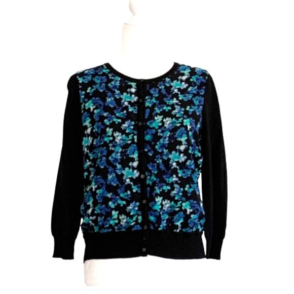Ann Taylor Cardigan Sweater Black Blue Floral Button Front Cardigan Size MP - Picture 1 of 12